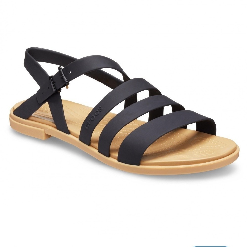 Crocs Tulum Strappy Sandal Black Tan Women Size 7 Flat Buckle Ankle Strap 206107